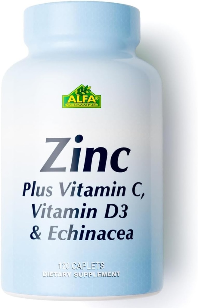 ALFA VITAMINAS Zinco + vitamina C, D3 & Echinacea Suplementos, fórmula de suporte imunológico com absorção aumentada, suporta saúde óssea, função imune e proteção antioxidante, 120 Caplets