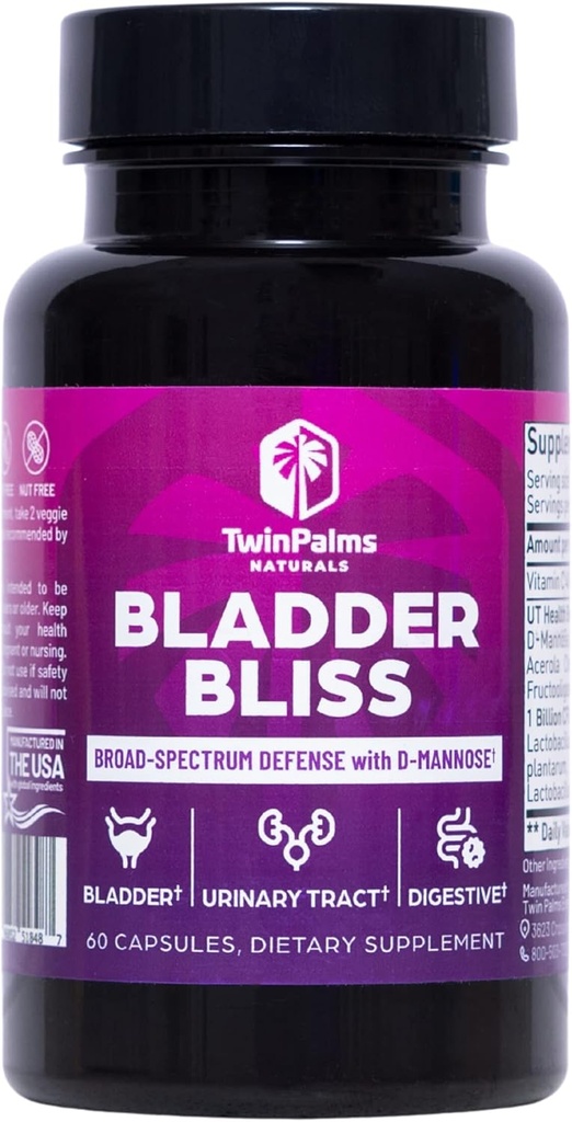 Bladder Bliss: Cranberry osagarri aurreratua eta D-Mannose formula emakumeentzako, Glutenik gabeko, Vegan kapsulak, ekintza azkarreko erliebea eta UTI prebentziorako, Bladder euskarria, 60 Ct