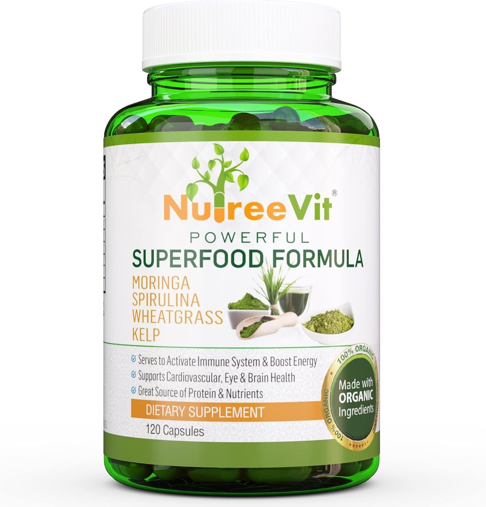 NutreeVit 100% Organic Powerful Superfood Formula - Имунна система Booster Energy Pills with Moringa, Spirulina, Wheatgrass и Kelp - 240 Count Bottle