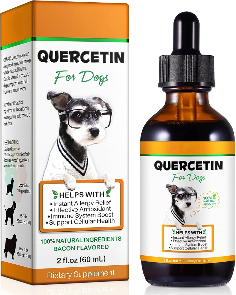 Quercetin for Dogs, Dog Quercetin Liquid Drops, Dog Quercetin Herbal Supplement Support Alergia Erliebea,Cellular Health, Immune Boost, Antioxidatzailea -60 ml