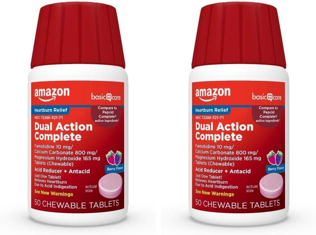 Basic Care Dual Action Complete, Chewable Acid Reducer Plus Antacida Tablets, Berry Flavor, Heartburn Medicine, Syre fordøjelsesbesvær Relief, 50 Greve (pakke med 2)