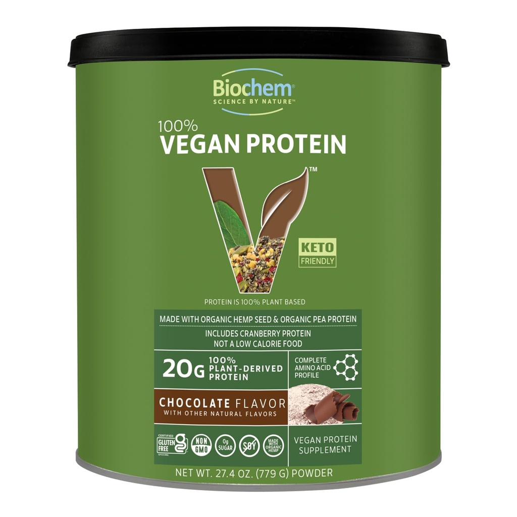 Biochem 100% Vegan Protein, Natural Amino Acids, Gluten Free, Keto, Non Whey, Pea & Hemp Protein Powder for Women and Men, 24 Servings 2 LB (Chocolate)