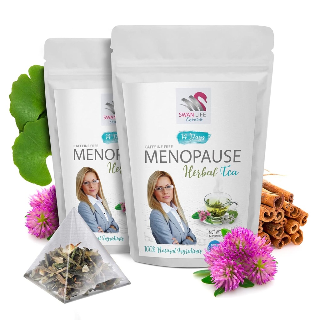 té a base de hierbas para la menopausia - cafeína libre - Saldo hormonal + Flashes calientes – 28 días MENOPAUSE té a base de hierbas - cohosh negro, gingko, coágulo rojo, chip de canela, té verde, regaliz, manteca de menopausia