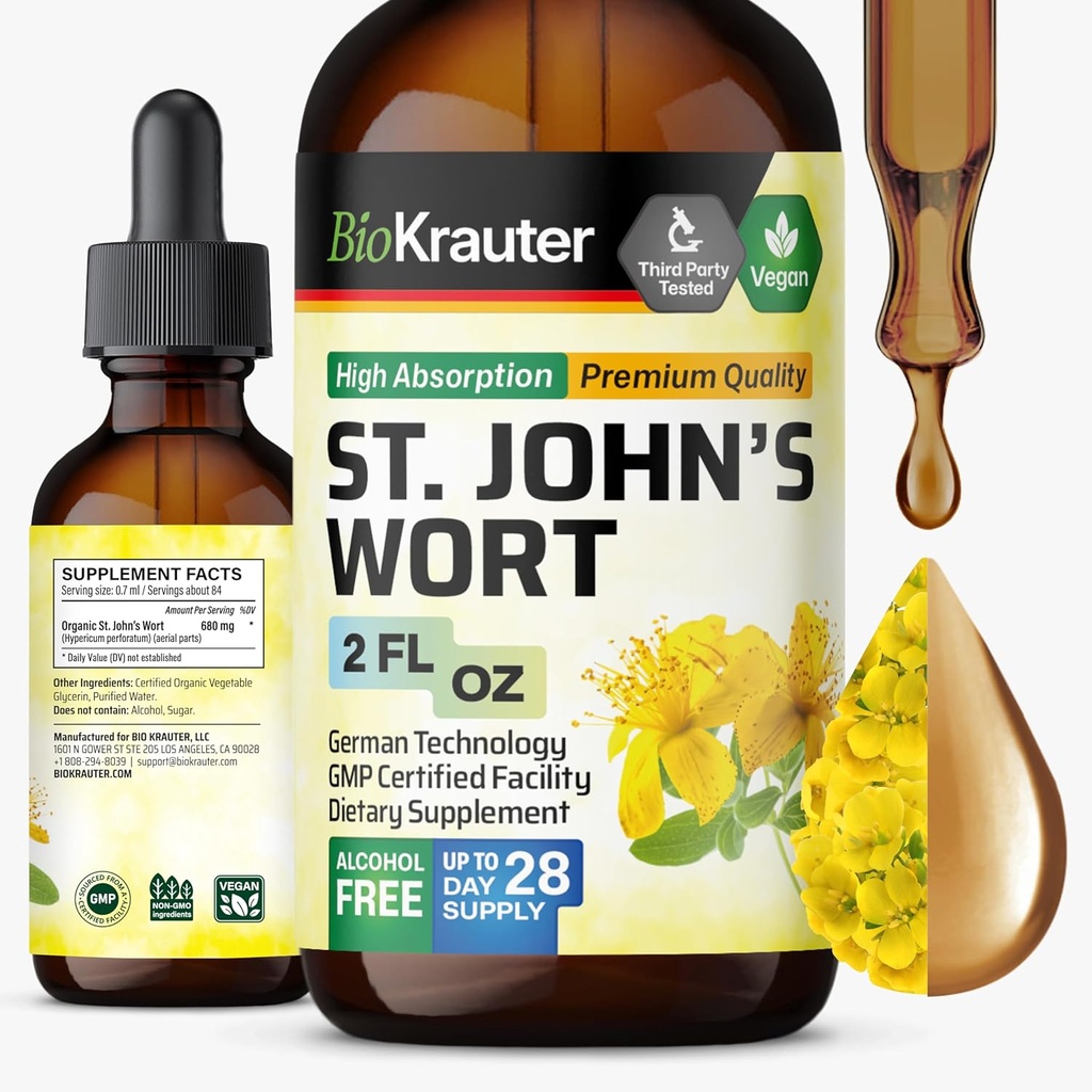 BIO KRAUTER St John's Wort Tincture - Hypericum Perforatum Liquid Extract for Mood Support - Hohe Absorption - Vegan Tropfen 2 Fl.Oz.