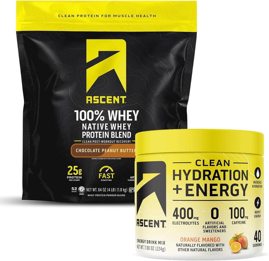Ascent 100% Whey Protein Toz, Chocolate Peanut Butter 4 lb & Hydration + Enerji Elektrolytes, Orange Mango 40 Xarici