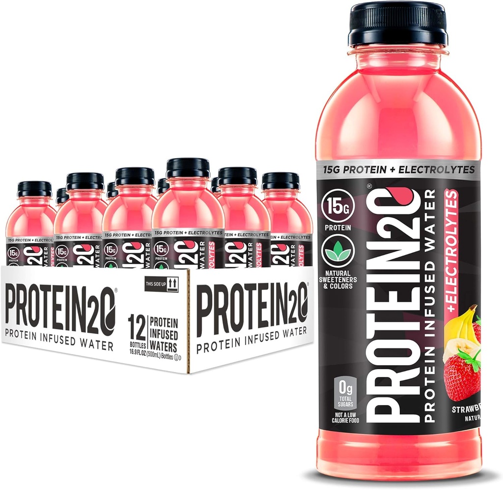 Protein2o + Electrolytes, Low Calorie Protein Infused Water, 15g Syrovátkový proteinový izolát, Strawberry Banana, 16.91 fl oz (balení po 12)