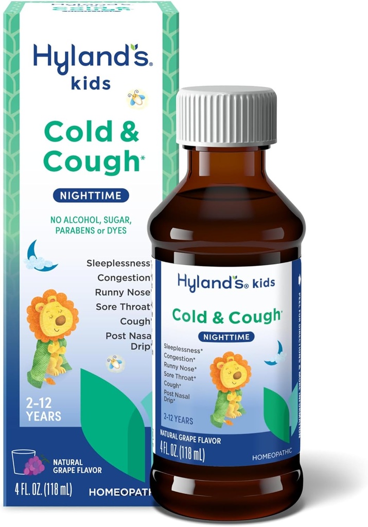 Hyland's Fields Cold and Crough, Nighttime grap Spavor Crov Curup Media for Child Fuch Serup Fuch Fuild 2 and up, Decongestant, Sore Solident, and sleepty Active of Common Cys, 4 FIOs