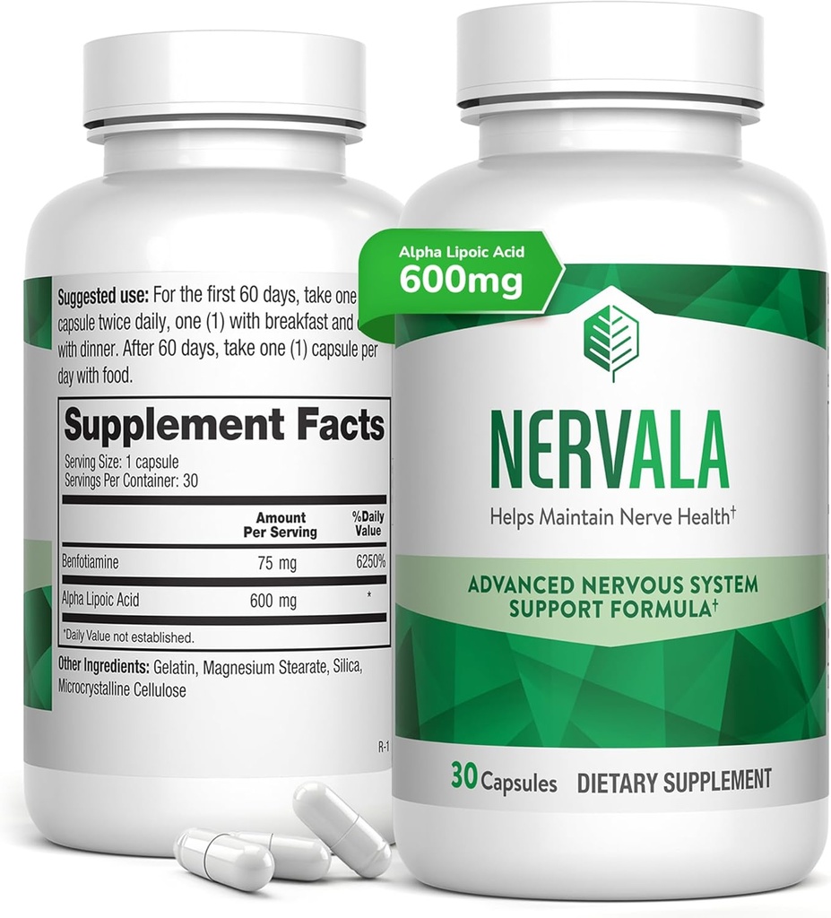 Nervala - Alfa Lipoic Acid 600mg - ALA Suplemento Antioxidante para Nerve, Energía y Circulación Apoyo- Fuerza Extra con Benfotiamine - Hecho en EE.UU., Lab Tested - 30 cápsulas, 1 mes de suministro