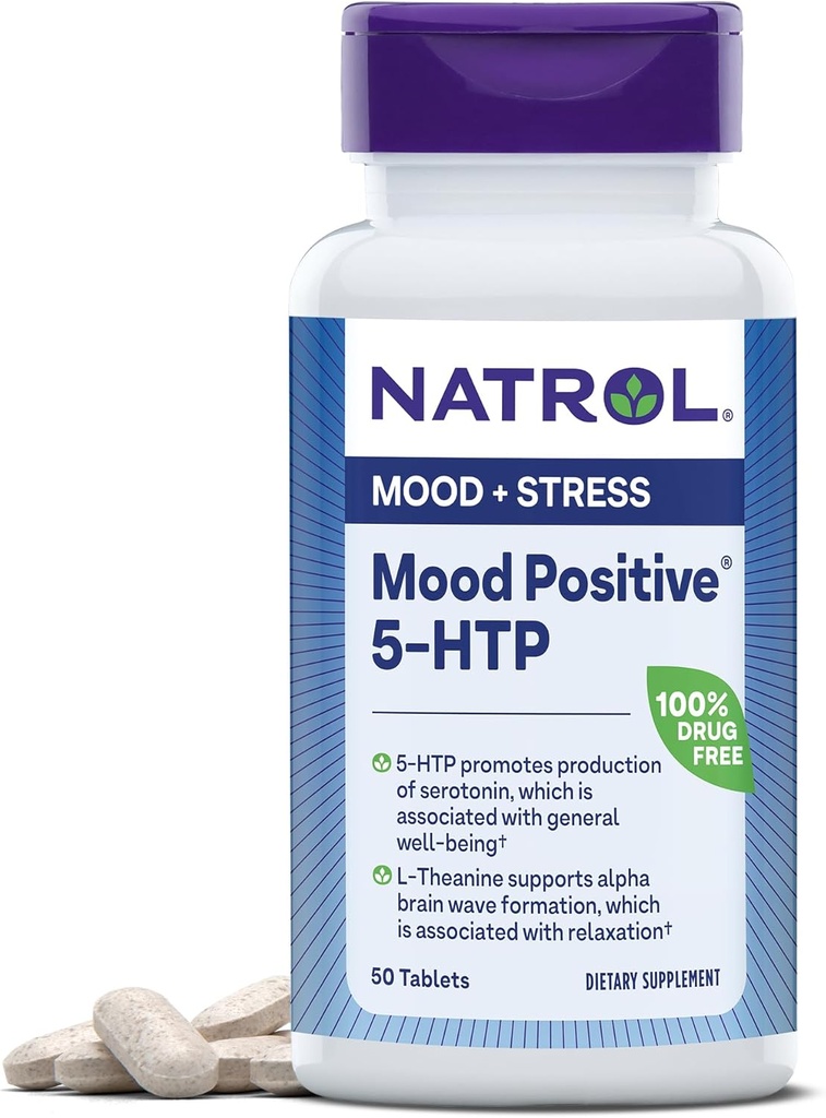 Natrol Mood Positiv 5- HTP og L- Theanin for Balanced Mood and Relaxation, 50 tabletter, Op til en 50 dages forsyning