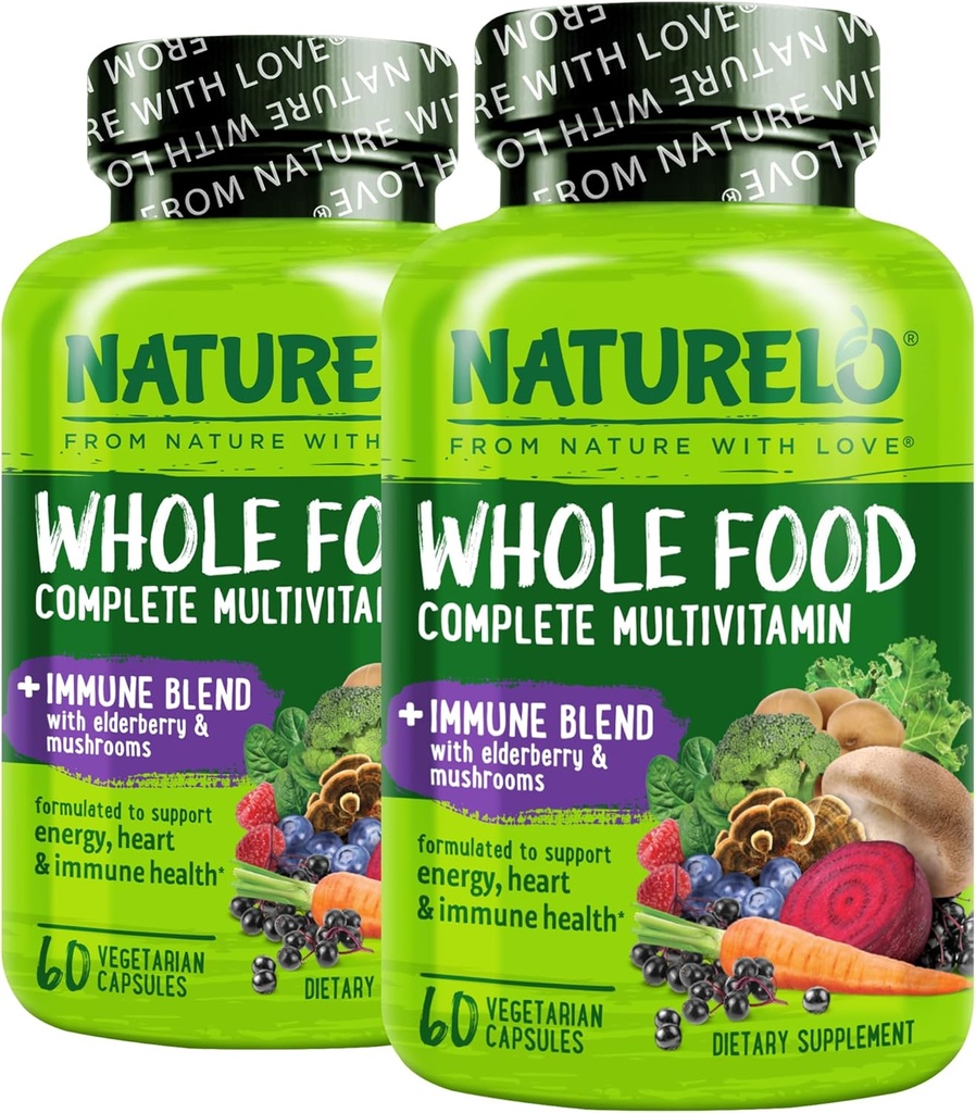 NATURELO teljes élelmiszer multivitamin + Immunkeverék Elderberry & Gomba - Teljes multivitamin extra immuntámogatással - C, D3, Cink, Elderberry, Reishi, Shitake, 60 Vegán kapszula (2-es csomag)