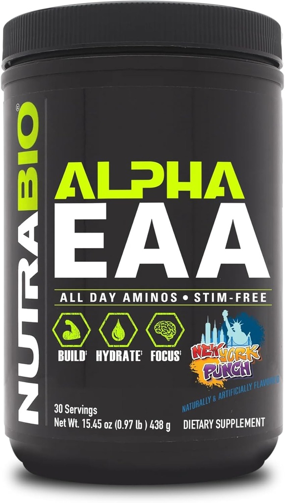 NutraBio Alpha EAA - All-day Amino Acides for Muscle Growth and Hydration - Essential Amino Acides with Nootropics & Adaptogens- Full Spectrum EAA BCAA Powder - 30 Servings - New York Punch
