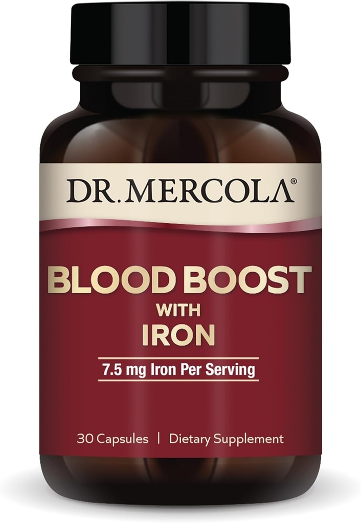 Dr. Mercola Blood Boost, 30 Capsules 7.5 mg Iron, Non-GMO, Gluten Free, Soy Free