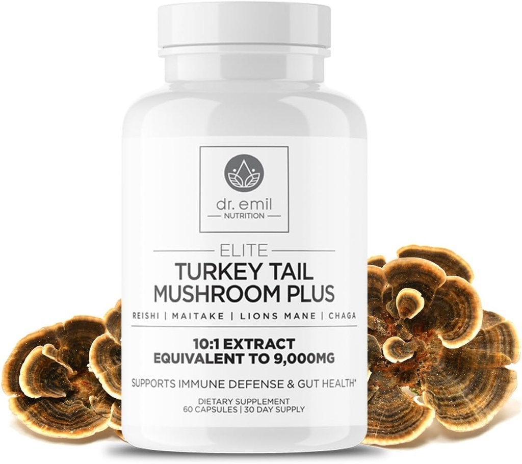 DR. EMIL NUTRITION Turkey Tail Mushroom Capsules - Turkey Tail Mushroom Supplement for Immunity & Gut Health - Elite Formula with Lion's Mane, Chaga, Reishi & Maitake