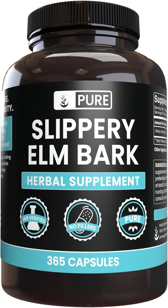 Pure Original Ingredienser Slippery Elm Bark (365 kapsler) Ingen Magnesium eller Rice Fillers, Altid Pure, Lab Verified