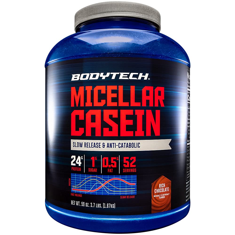 BodyTech Micellar Casein Protein Powder - Slow-Release for Overnight Muscle Recovery - 24g Protein per Serving - Rich Chocolate (4 lb)