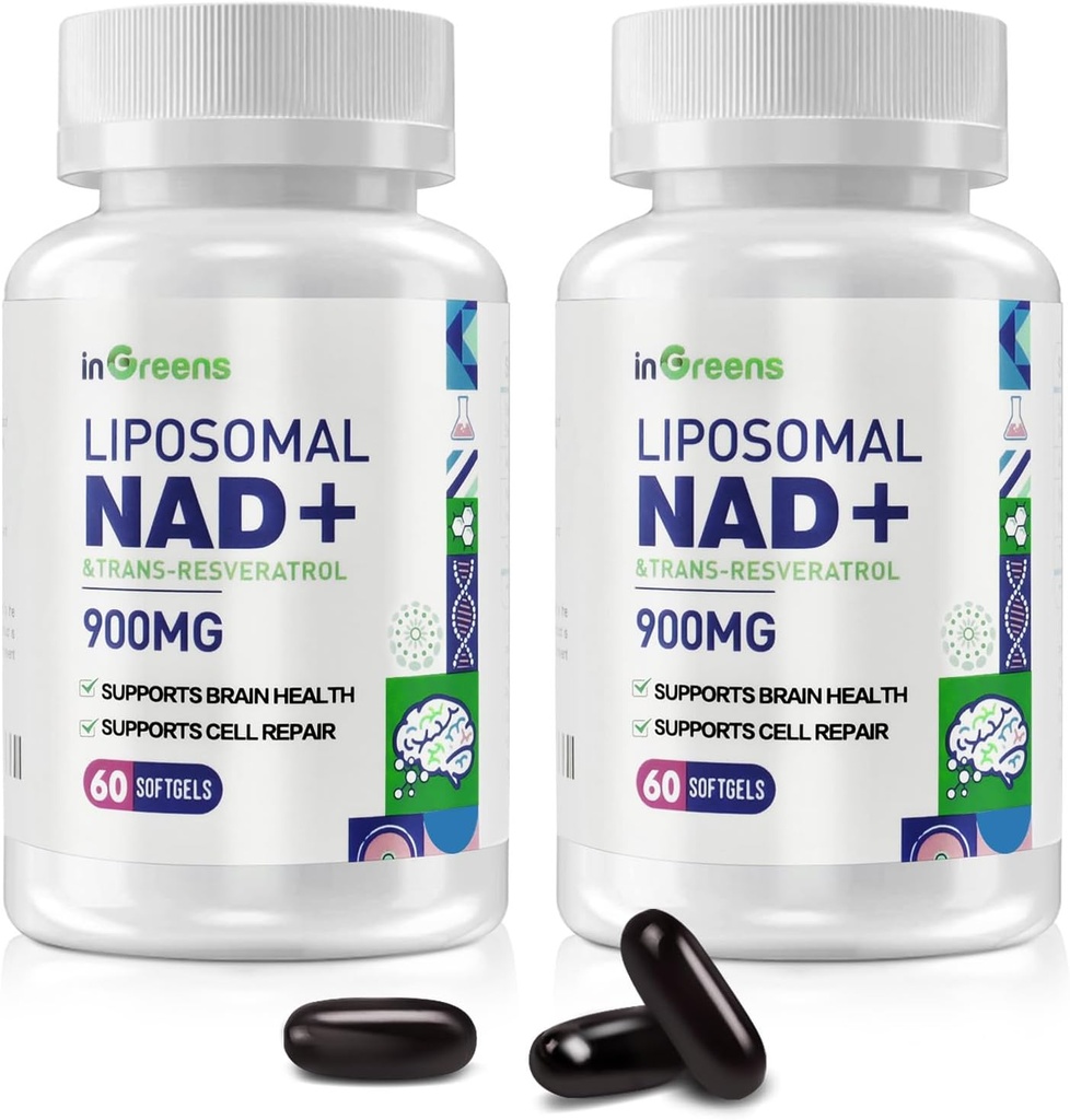 900 mg Liposomal NAD+ Tillägg med Trans Resveratrol 300 mg, Ersätter NMN, Superior Absorption, True NAD Plus Supplement för DNA Repair och Boost NAD+, Aging Defense, Energy, 120 Softgels, 2 Pack