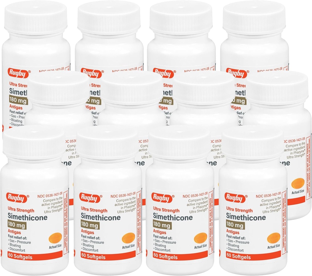 Rugby Ultra stiprumas Simethicone dujų paramos 180 mg - Maksimalus dujų paramos suaugusiems - Gali padėti su simptomais Flatullement, Bloating, Gas Fullness - 60 Softgels (12 pakuotėje)