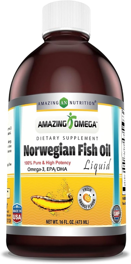 Amazing Omega Norwegian Fish Oil 16 Oz Supplement | 1625mg Omega -3s, DHA, EPA per Serving | Fresh Orange Flavor | Non-GMO | Gluten Free