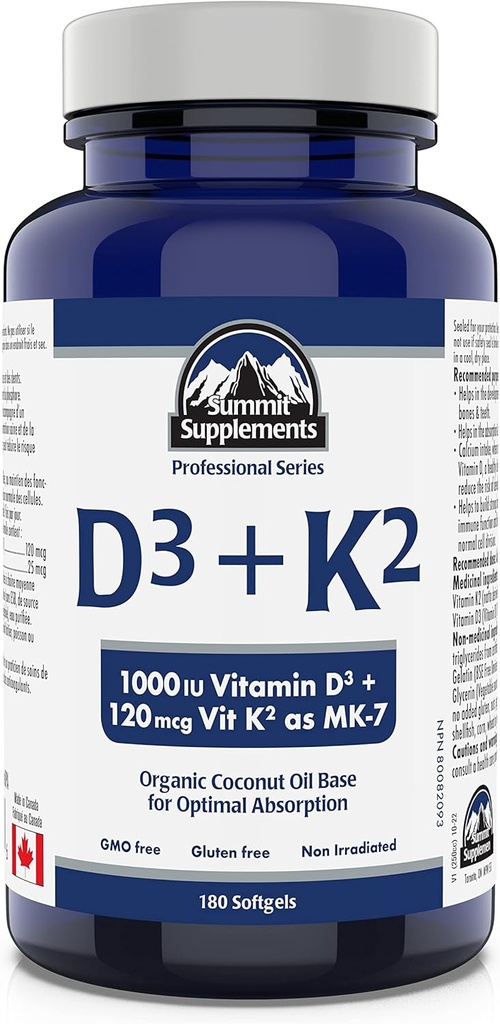 Summit Supplements - Vitamiin D3 K2, 180 Softgels - formuleeritud, et aidata teil säilitada tervislikke luid, hambaid ja lihaseid - toetada keha kaltsiumi imendumist ja vähendada luumurdude ohtu