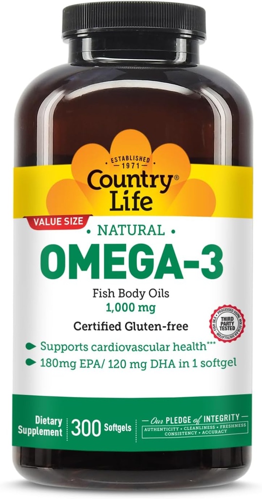 Country Life Omega-3 Fish Oil Supplement, 1000mg, 180mg EPA & 120mg DHA, Fish Oil Concentrat, Burless, 300 Softgels, Certified gluten Free