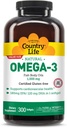 Country Life Omega-3 Fish Oil Suplemento, 1000mg, 180mg EPA &amp; 120mg DHA, Fish Oil Concentrate, Burpless, 300 Softgels, Certified Gluten Free
