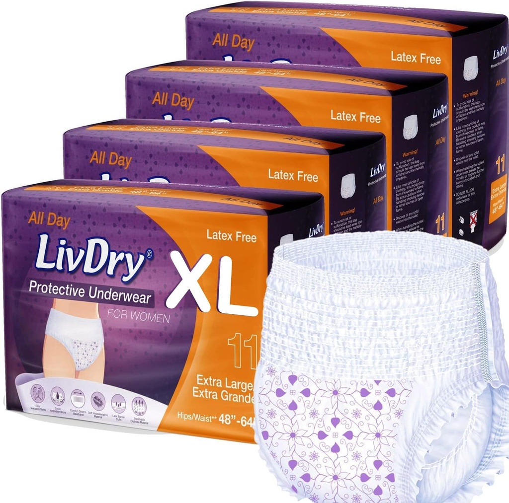 Livdry XL Adult Diapers Femei peste noapte, Absorbence Max Ultimate, Toată ziua sau Protecția Nopții, X-Large (44 Număr)
