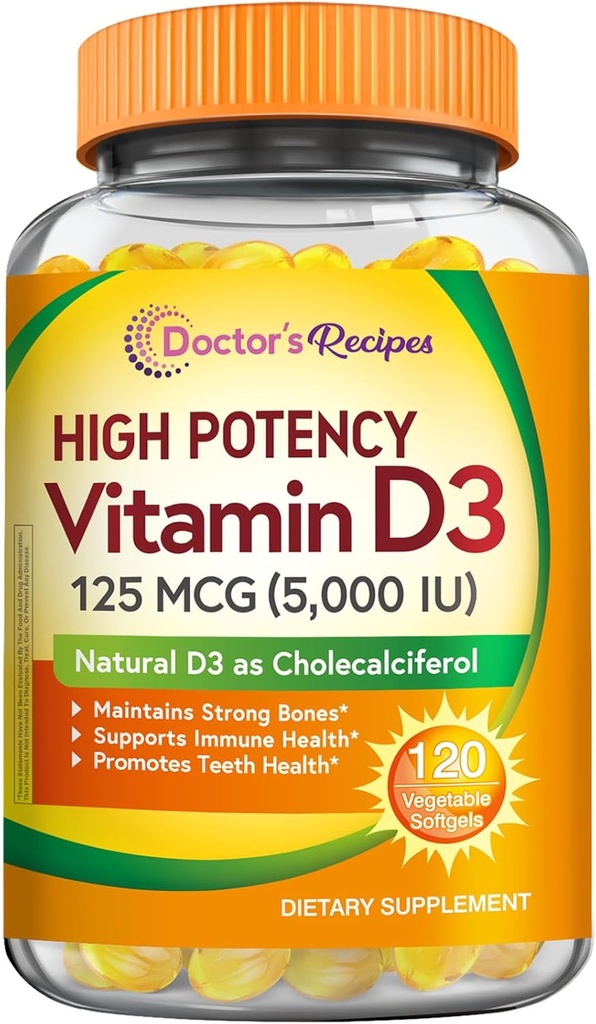 شهادة الدكتور فيتامين D3 5000IU, Immune Support for Bones, Teeth, and Immune Function, Non-GMO, No Gelatin, Gluten or Soy, 120 Vegetarian Softgels