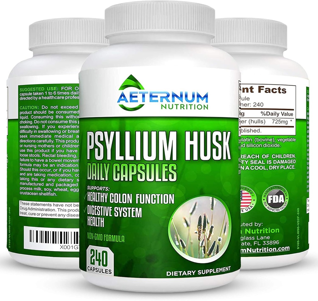 Aeternum Psyllium Husk Caps USA Made - Premium All Natural Fiber Supplement - 240 Husk Powder Capsules 725 Mg per Serving, Supports Healthy Digestive System - Tutto naturale 100% Soluble