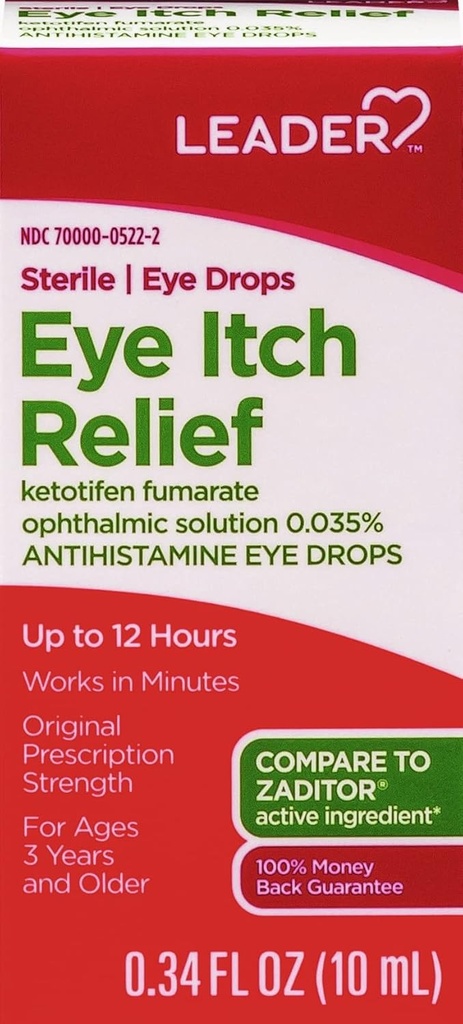 LEDER Sterile Eye Drops for Eye Allergy & Itch Relief, Ketotifen Antihistamin Solution 0.035%, Works in Minutes, hingga 12 Hours, Prescription Strength 0.34 oz