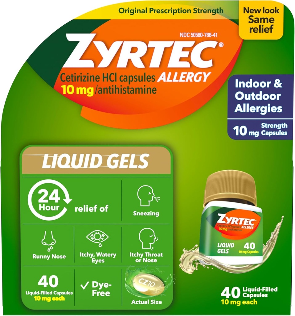 Zyrtec 24 Hour Allergy Relief Liquid Gels, Antihistamine Capsules with Cetirizine HCl Allergy Medicine for All-Day Relief from Runny Nose, Sneezing, Itchy Eyes & More, 40 Count
