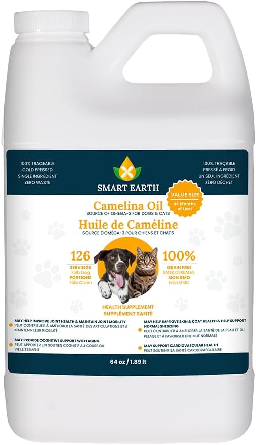 Smart Earth Camelina Öl für Hunde - Omega 3, 6, 9 Beilage für gesunde Haut, Shiny Coat & Flexible Gelenke - Dog Joint Supplement - Natural Canine Wellness - Omega 3 für Hunde (Pump Included - 64oz)