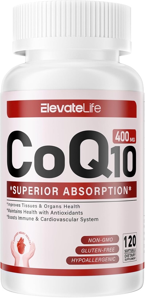CoQ10-400mg-Softgels con PQQ, BioPerine &amp; Omega-3, Coenzyme Q10(Ubiquinona) Suplemento para Alta Absorción, Potencial Antioxidante, Corazón de apoyo &amp; Producción de energía, 120 Servimientos