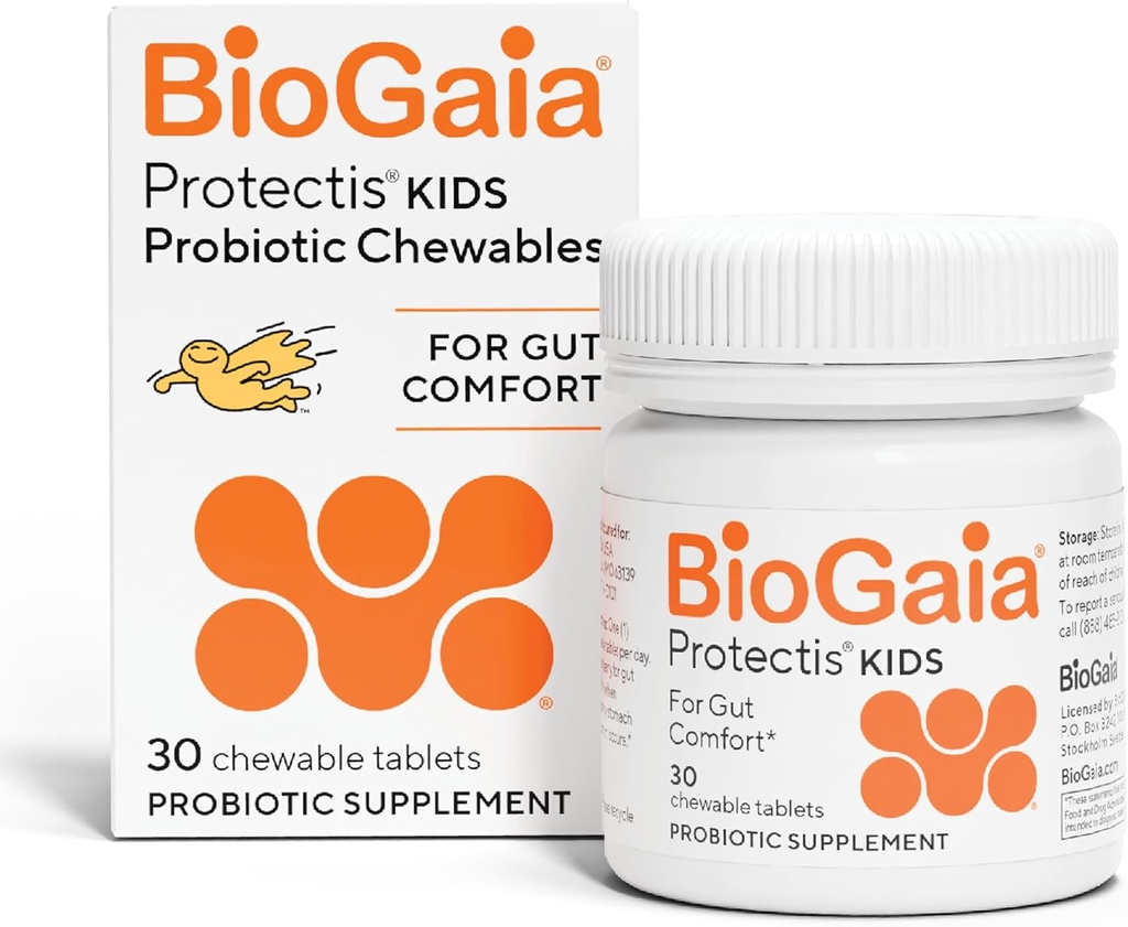 BioGaia Protectis Kids | Probiotico per Età 3+ | Eases Occasional Digestive Issues & Promuove Regolarità | Allergeni, Latticini, Soia & Gluten Free | Supportato da 30 Anni di Ricerca | Alimentazione di 30 giorni