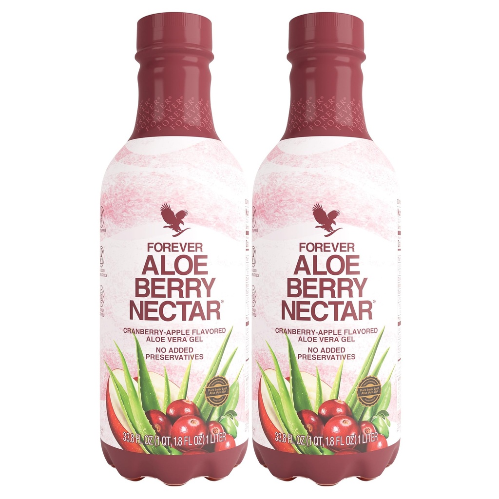 Forever Living - Aloe Berry Nectar - 90.7% Pure Aloe Vera Gel with Cranberries and Apples - No Preservatives - 1L (Pack of 2)