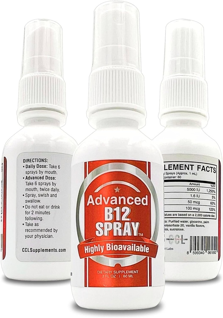 Vitamin B12 Energy Spray, Methylcobalamin with Folic Acid Sublingual Liquid Complex for Focus, & Metabolism, Nano Technology Instant Absorption and Custom Dosage (2 oz - 60 Servings)
