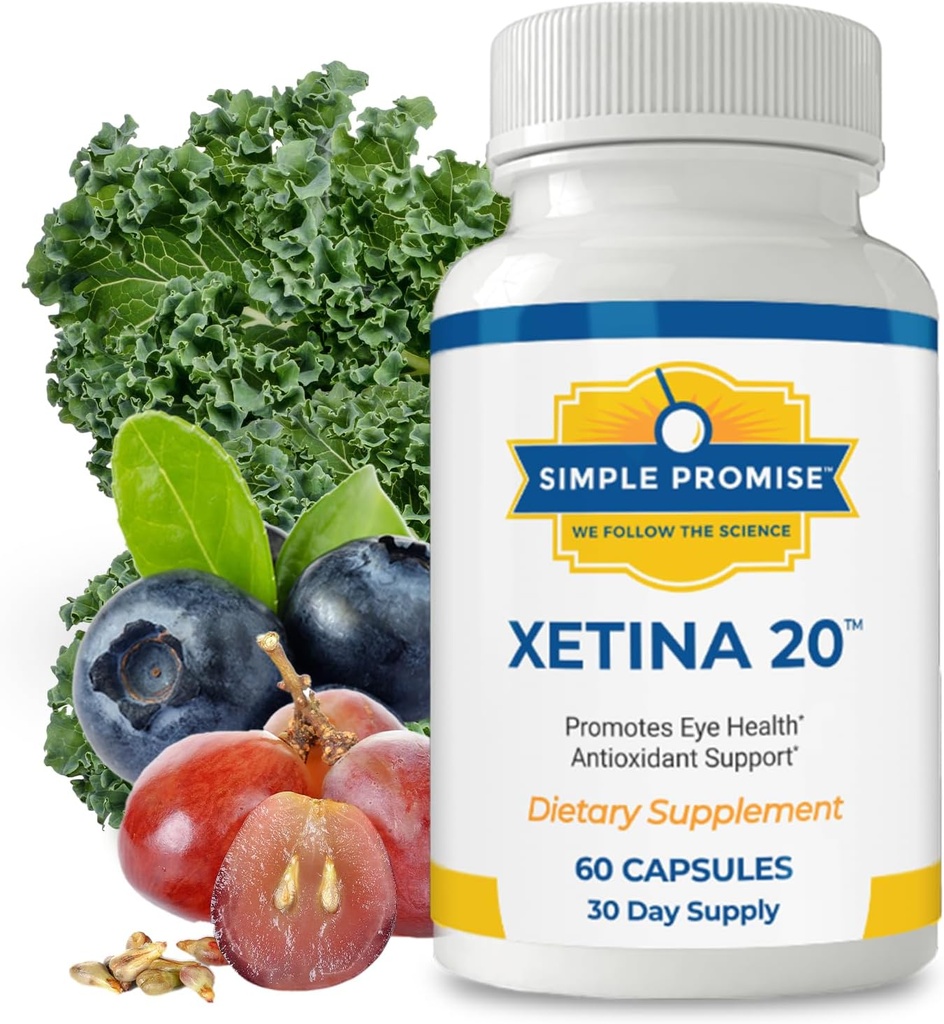 Simple Promise - Xetina 20TM Lutein e Zeaxanthin Suplementos - Soporte esencial para a saúde do ollo con vitaminas E, Eyebright, Zinc, extracto de sementes de uva, Rutin & Bilberry - 60 cápsulas