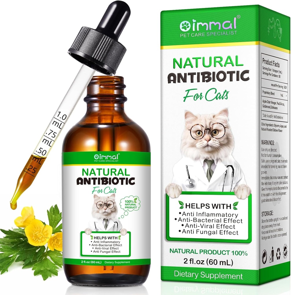 Antibiotik untuk Kucing, Suplemen Premium Antibiotik Kucing, Antibiotik Alam untuk Kucing, Suplemen Hewan, Pendukung Antibiotik Kucing & Kucing Bantuan Alergi, Kucing Multivitamin - 2 Fl Oz / 60ML