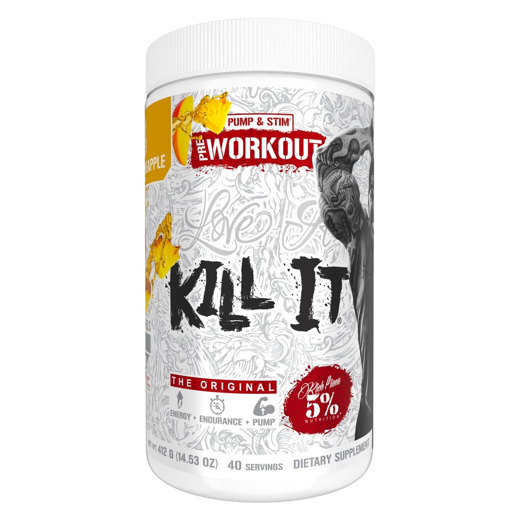 5% Nutrition Rich Piana Kill It Pre Workout Powder w/Creatine, Caffeine, Beta Alanine, Hydroprime Glycerol for Pump, Strength, Endurance | 14.11 oz, 40 Srvgs (Mango Pineapple)