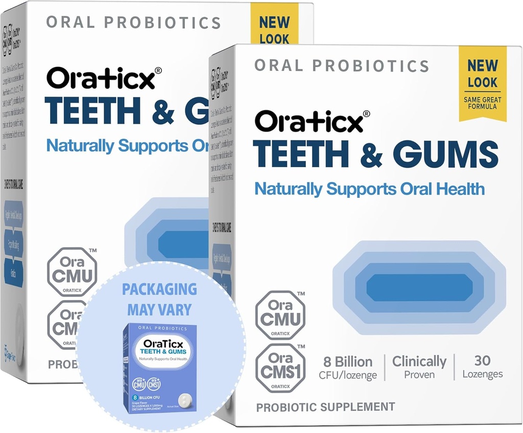 OraTicx Teeth & Gums 구두 Probiotics, 8 억 CFU - 자연적으로 구두 건강, 신선한 호흡 및 면역성, 치과 Probiotic 보충교재, 포도 풍미 30 Lozenges 2-Pack을 지원합니다
