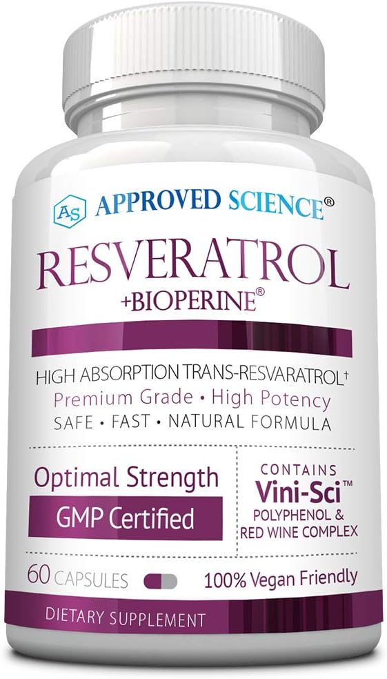 Approvato Science® Resveratrolo - 1000 mg di Trans Resveratrolo - 250 mg di Polyphenol - 98% di purezza Livello - Include Bioperine® - 60 Vegan Friendly Capsules - 1 bottiglia