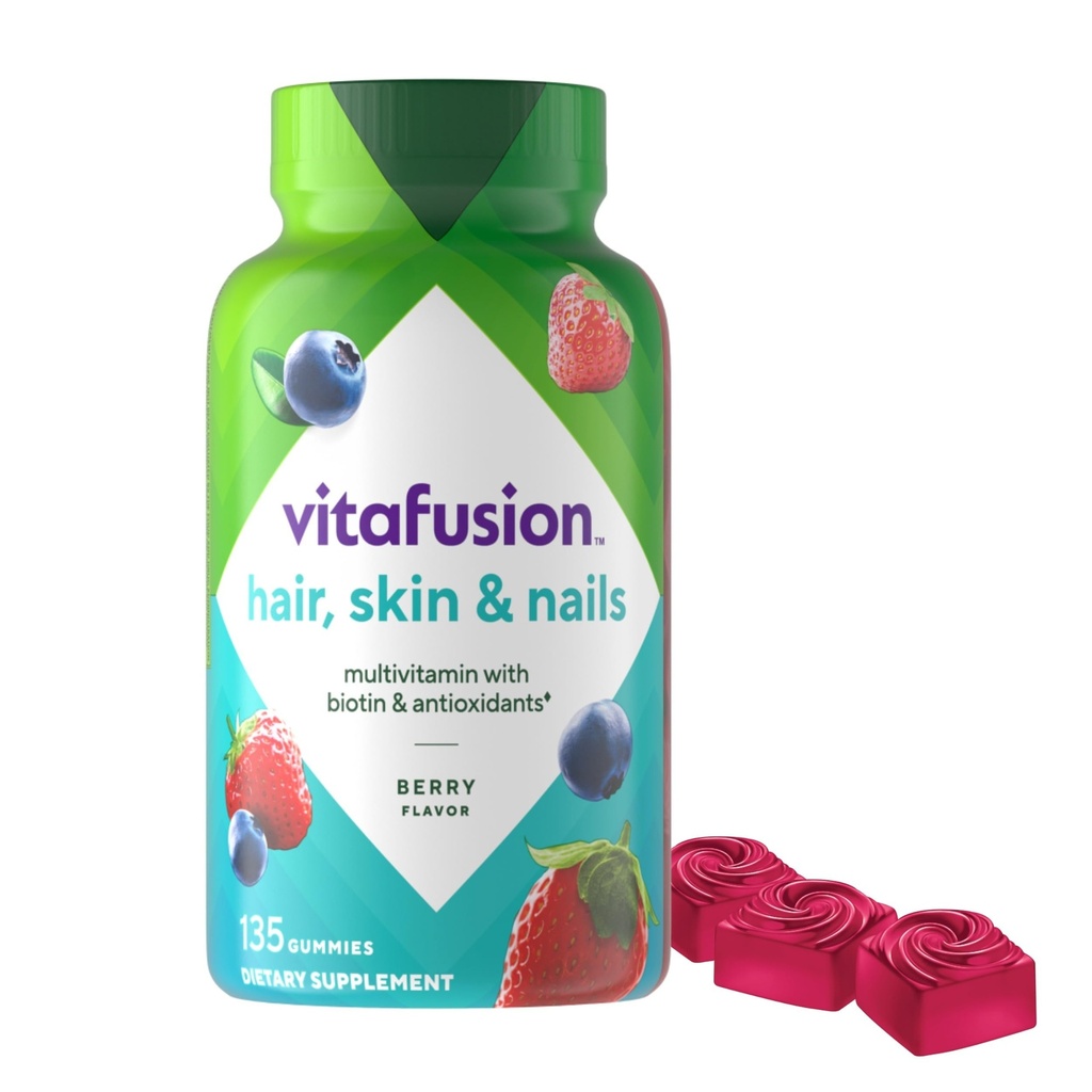 Vitafusion Gorgeous Hair, Skin & Nails Multivitamin Gummy Vitamins, plus Biotin and Antioxidant vitamins C&E, Raspberry Flavor, 135ct (45 day supply), from America’s Number One Gummy Vitamin Brand
