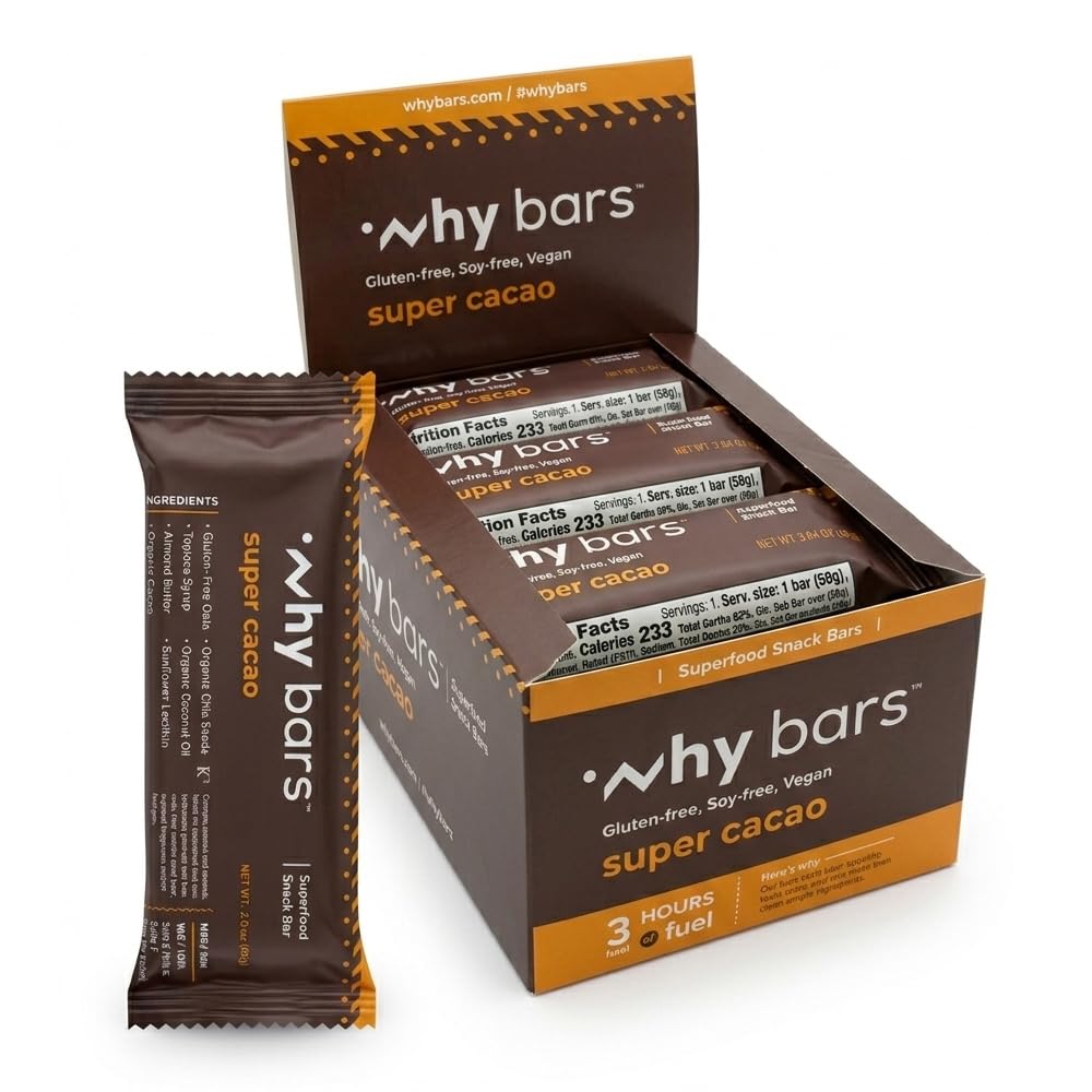 Healthy Snack Bars, Cacao, 2.04 Ounce Bars (Pack of 12) -Gluten Free Oats, Almond Butter, Chia Seeds, Superfood, Vegan, Clean Ingredients