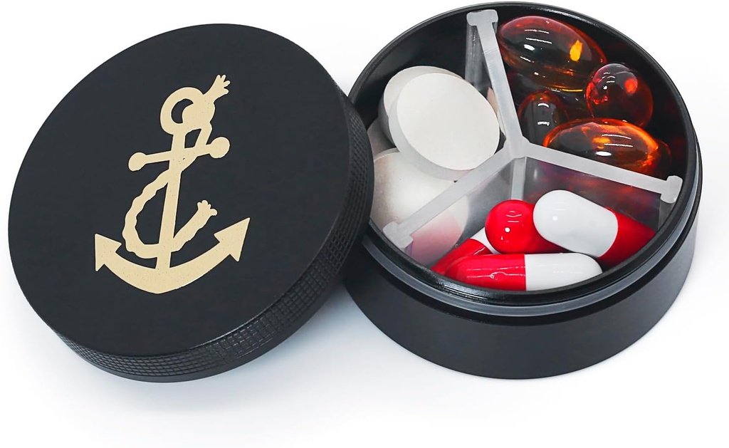 Small Pill Case 3 Compartments, Metal Round Portable Pill Box, Waterproof Travel Pill Organizador, Pocket Purse Medicine Vitamin Holder EDC Container (Black with Anchor)