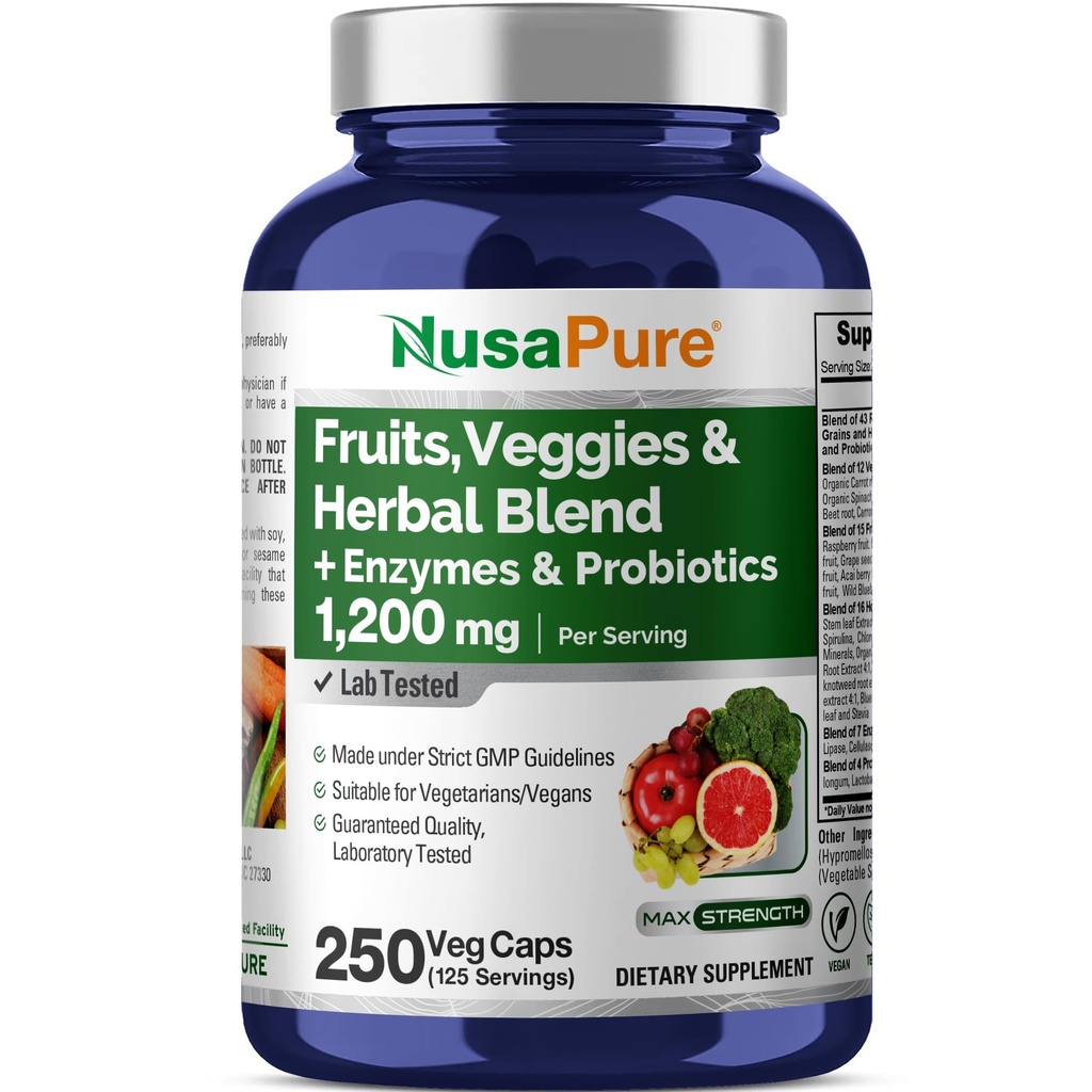 NusaPure 43 Fruits and Veggies Herbal Blend, 11 Enzymes & Probiotics, 1200 mg, 250 Veggie Capsules (Non-GMO, Vegan)