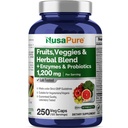 NusaPure 43 Fruits and Veggies Herbal Blend, 11 Enzymes & Probiotics, 1200 mg, 250 Veggie Capsules (Non-GMO, Vegan)