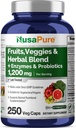 NusaPure Fruits and Veggies Supplement 1200 mg 250 Capsules - 43 Fruits & Vegetables,11 Enzymes, Probiotika (Vegan/Vegetarian, Non-GMO)