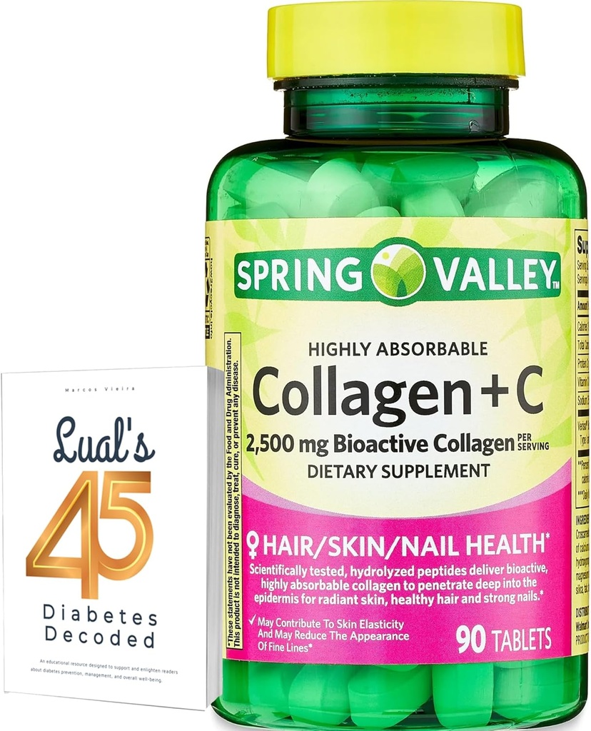 Spring Valley Collageen + C Tablets for Hair/Skin/Nail Health, 2500 mg, 90 Telling, Zeer Absorbeerbaar, Collageen Plus Vitamine C Bundel met Luall's 45 Diabetes Decoded