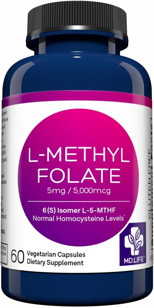 MD Life L- Methylfolate 5 mg Addition - Professional- Grade Active L Methylfolate Addition - 60 капсули - L- Methylfolate 5mg - Максимална мощност MTHFR W/ Essential Amino Acids