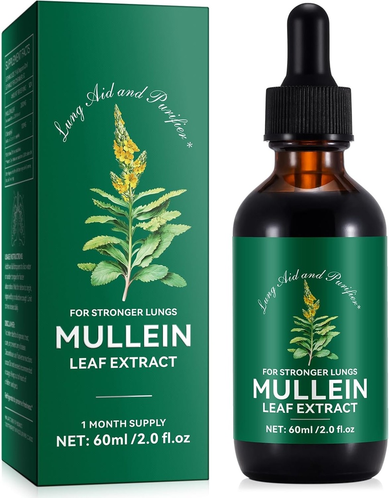 Üldine Mullein Leaf Extract - Lung Aid & Purifier - Hingamisteede tugi ja õrn Kopsupuhastus - Tervislik hingamine - looduslik ja ohutu - Kiire imendumine - Taimetoitlane - 60 ml, 1 kuu pakkumine