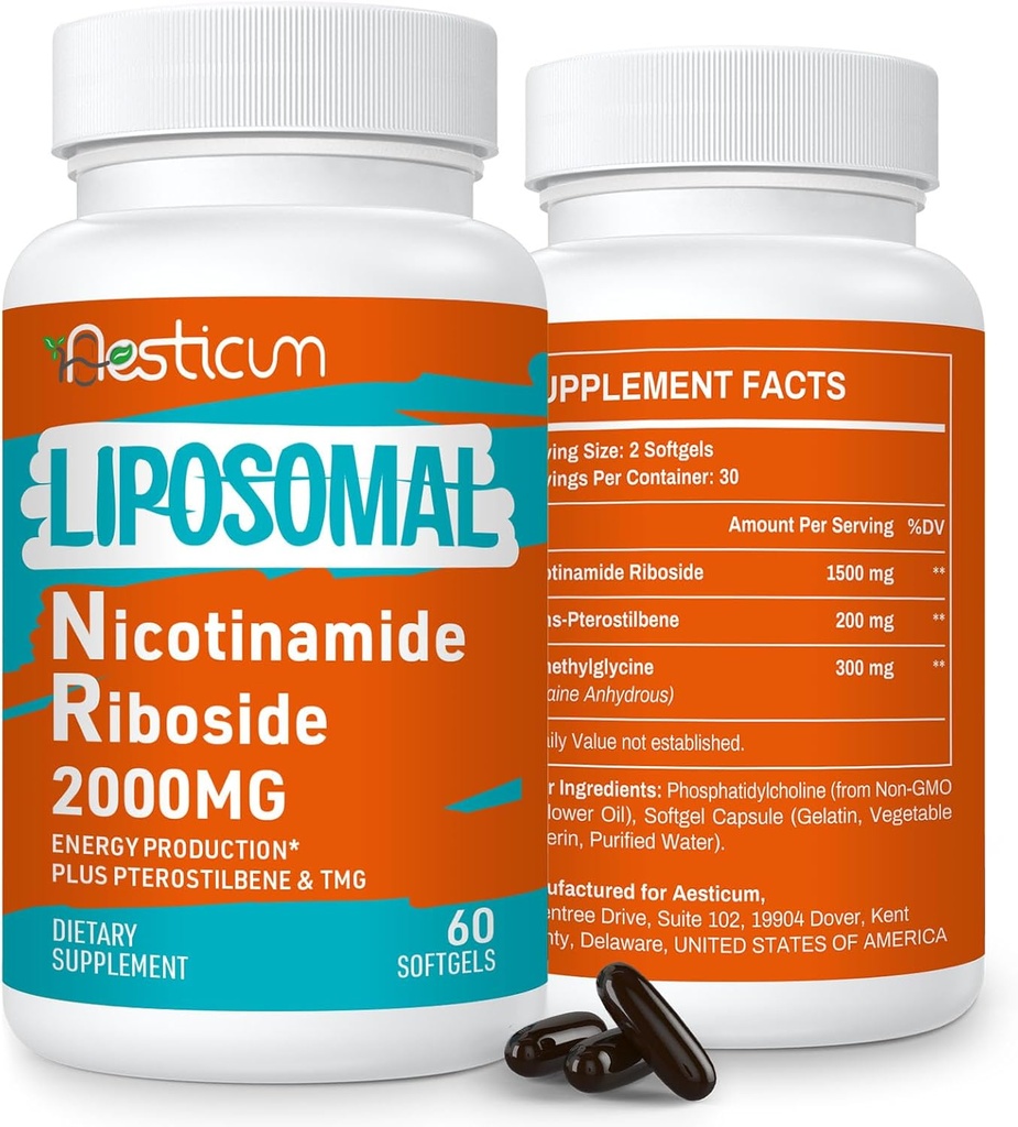 2000 MG Liposomal Nicotinamide Riboside Addition with TMG & Pterostilbene, High Bioactivity NAD+ Superior to Niakinamide for Energy, Имунитет, Възрастова резистентност, 120 Softgels